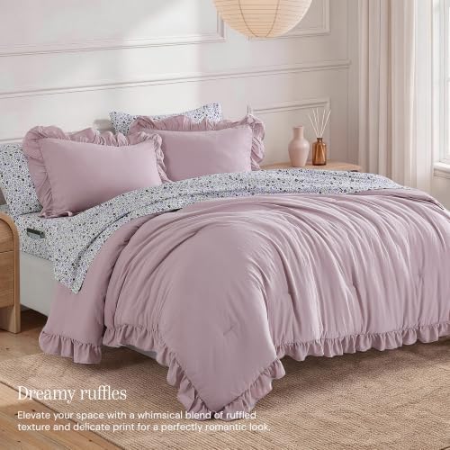 BLOOMHAVEN Queen Comforter Set-7 Pieces Ruffle Bedding with Floral Sheet
