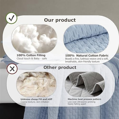 PALASSIO Baby Blue 100% Cotton Quilt Queen Size Bedding Sets with 2 Pillow Shams, Textured Lightweight Soft Bedspread Shabby Chic Coverlet, Neutral Quilted Comforter Bed Cover for All Season, 3 Pieces
