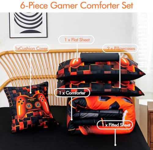 PERFEMET 6 Piece Orange Gaming Bedding Twin Game Console Boys Comforter Set