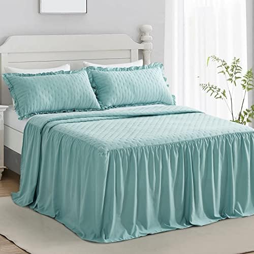 CHIXIN Ruffle Skirt Bedspread King Size - 30" Long Drop, Shabby Chic Style, Lightweight Bedding Cover, 3 Piece Set, Seaglass