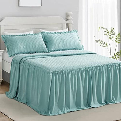 CHIXIN Ruffle Skirt Bedspread Cal King Size - 30" Long Drop, Shabby Chic Style, Lightweight Bedding Cover, 3 Piece Set, Seaglass