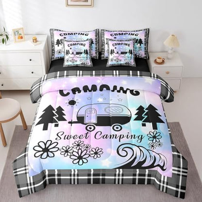 Erosebridal Happy Camping 7 Pcs Comforter Set Twin,Camper Accessories Bedding Set for Kids Boys Teens,Ultra Soft Black Sketch Drawing Bed in a Bag,Retro Farmhouse Travel Car Quilted Comforter