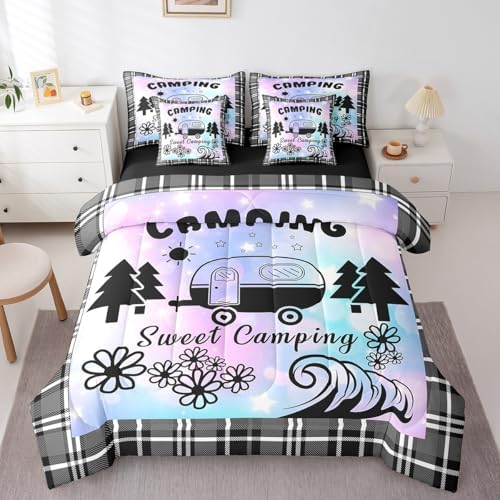 Erosebridal Happy Camping 7 Pcs Comforter Set Queen,Camper Accessories Bedding Set for Kids Boys Teens,Ultra Soft Black Sketch Drawing Bed in a Bag,Retro Farmhouse Travel Car Quilted Comforter