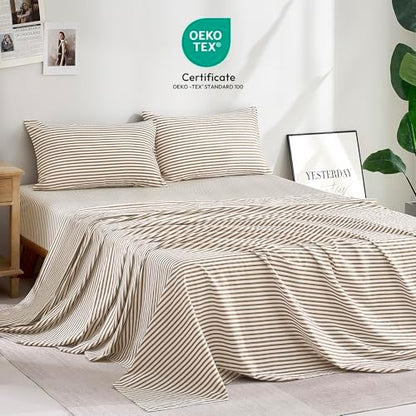 JELLYMONI 100% Cotton Sheet Set, Khaki Striped, Queen