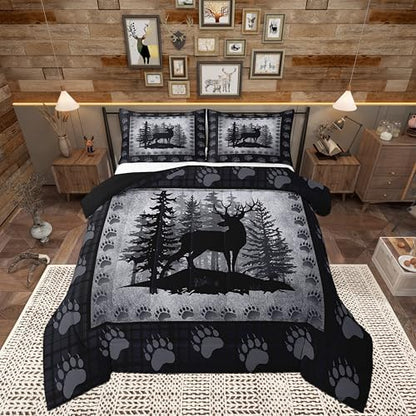 Rustic Deer Kids Comforter Set Queen Size,Wild Animal Bear Paw Print Bedding Set Hunting Cabin Decor Quilt Set for Adult Bedroom,Pine Trees Grid Plaid Polyetser Bed Duvet Insert, 2 Pillowcases