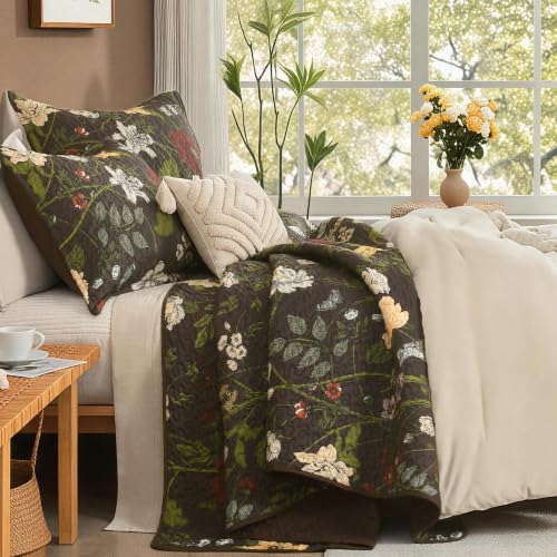 Litanika Floral Dark Brown Quilt - 3Pcs Botanical Birds Pattren Bed Set