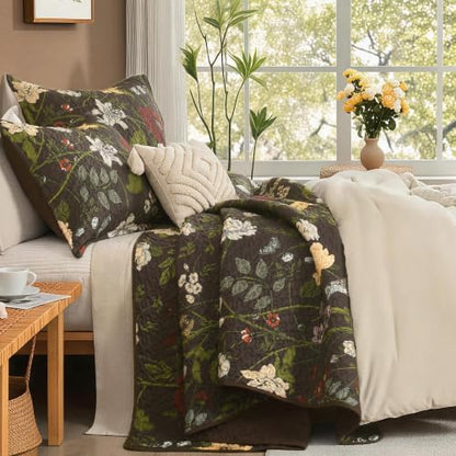 Litanika Floral Dark Brown Quilt Queen - 3Pcs Botanical Birds Bedding Set