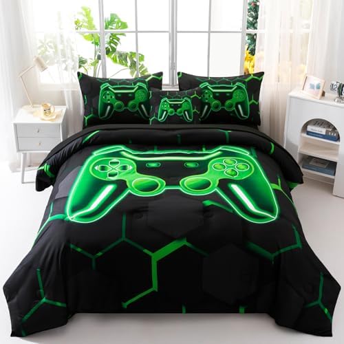 6 Pieces Boys Gamer Comforter Set Full Size, 3D Gamepad Gaming Kids Bedding Set, Game Console Printed Bed in A Bag with Sheets, Geometric Honeycomb Bed Sets (Green, Full)
