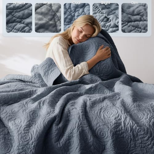 WDCOZY 100% Cotton Queen Size Quilt Bedding Sets Floral Rosette Dusty Blue