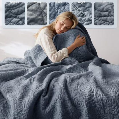 WDCOZY 100% Cotton Twin Size Quilt Bedding Sets Floral Rosette Dusty Blue