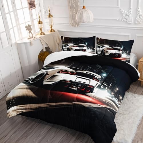 Nttopship Sports Car Comforter Set Queen Size,100% Soft Ultra-fine Fiber Four Season White Racing Car Comforter Set with 1 Comforter and 2 Pillow Case