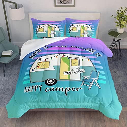 HOSIMA Happy Camping Decor Comforter Set,Cartoon Camper Bedding Queen Size for Kids Teen Girls Boys Room Decor,Camper Accessories for Travel Trailers Themed Bedding with 2 Pillowcases.