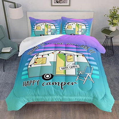 HOSIMA Happy Camping Decor Comforter Set,Cartoon Camper Bedding Queen Size for Kids Teen Girls Boys Room Decor,Camper Accessories for Travel Trailers Themed Bedding with 2 Pillowcases.