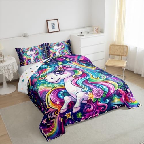 Castle Fairy Kids Unicorn Comforter Queen Size Girly Cartoon Animal Bedding Set Cute Watercolor Unicorn Print Duvet Set Children Boys Girls Unicorns Duvet Set, Rainbow Star Reversible Down Comforter