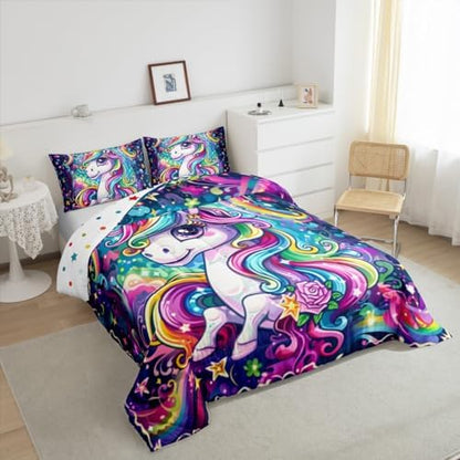 Castle Fairy Kids Unicorn Comforter Full Size Girly Cartoon Animal Bedding Set Cute Watercolor Unicorns Print Duvet Set Children Boys Girls Unicorn Duvet Set, Rainbow Star Reversible Down Comforter