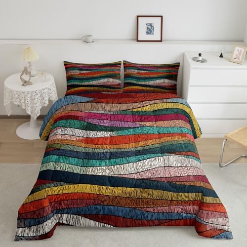 Castle Fairy Rainbow Wavy Comforter Set with 2 Pillowcases,Tribal Ethnic Geometric Super Soft Microfiber Bedding Set for Adults Teens,Colorful Abstract Duvet Set for Room Decor,King
