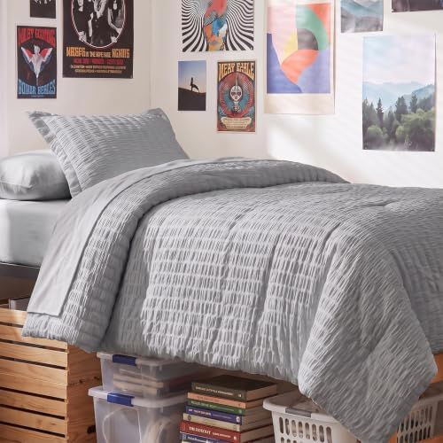 CozyLux Twin XL Comforter Set, 5 Pieces Grey Seersucker Bed in a Bag