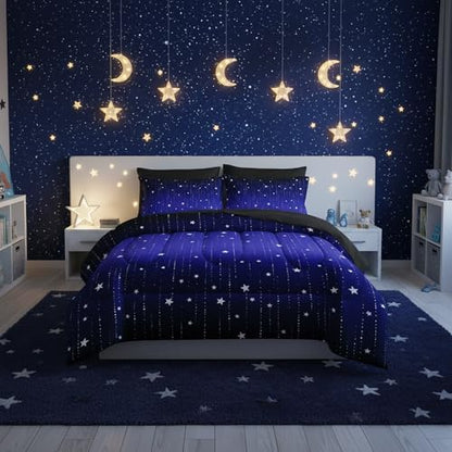 QOOMO Blue Galaxy 7 Pieces Comforter Set King,Starry Sky Bedding Set