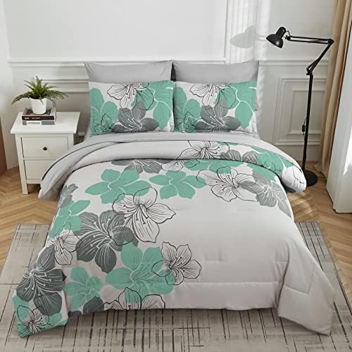 Luxudecor Floral Comforter Set Queen, 7 Pieces Aqua Green Bedding Set