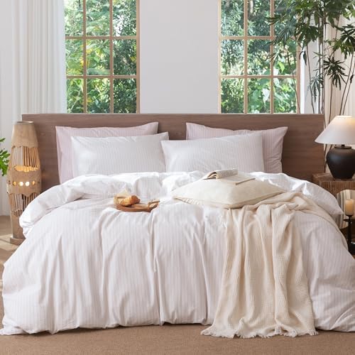 MooMee Striped Duvet Cover Set 100% Washed Cotton Linen Like Full
