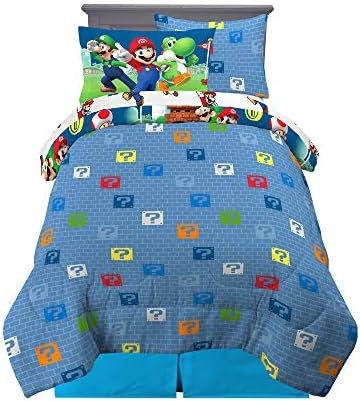 Super Mario Kids Bedding Set, Twin Size 5 Piece Comforter and Sheet Set with Sham, (Officially Licensed Product) by Franco