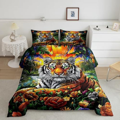Tiger Kids Comforter Set Twin Size,Sunflower Palm Leaf Botanical Tropical Jungle Bedding Set,Girls Boys Room Decor,Wildlife Animal Pine Rustic Quilt Comforter,Wild Chic Duvet Insert,1 Pillowcase