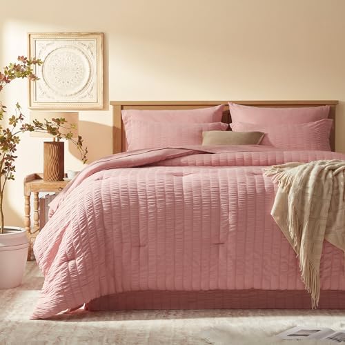 Laojin Balhen King Size Comforter Set 7 Pieces, Pink Seersucker Bed in a Bag Set King Size, All Season Luxury Bedding Sets with Comforter, Sheets, Pillowcase & Sham