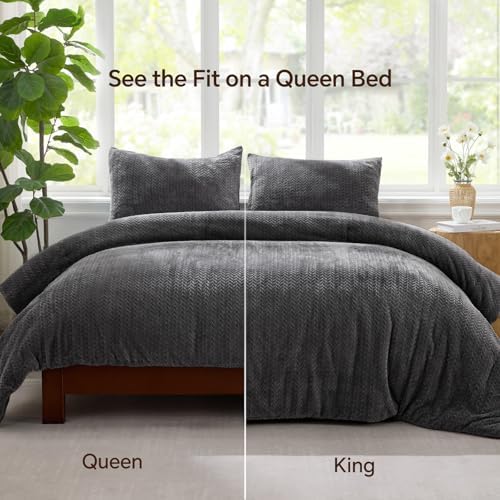 ChiXpace Fleece Queen Comforter Set Grey, Fluffy Flannel Bed Set 3 Pieces