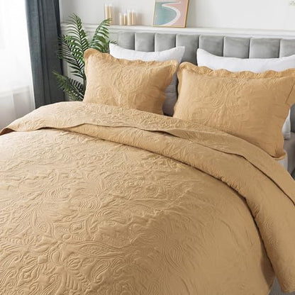 HoneiLife Queen Quilt Bedding Set - 3 Piece Microfiber Quilt Sets Lightweight Bedspreads Reversible Coverlets Retro Bed Cover Paisley Pattern Bedding Set All Season Quilts-Yellow