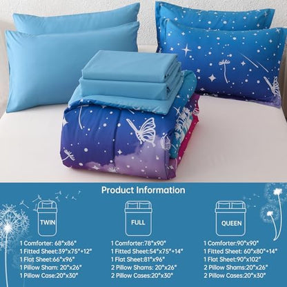 Dinjoy Girls Comforter Set 5 Pieces, Twin Size Colorful Ombre Rainbow Bedding Set, Bed in A Bag for Kid Teen Girls (1 Comforter, 1 Flat Sheet, 1 Fitted Sheet, 1 Pillow Shams, 1 Pillowcases)