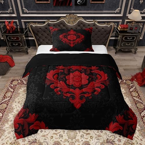 Feelyou Red Gothic Comforter Set Toddler Size Vintage Damask Boho Bedding Set for Kids Boys Girls Exotic Victorian Duvet Quilt Bedroom Decor Microfiber 2 Pcs with 1 Pillow Cases