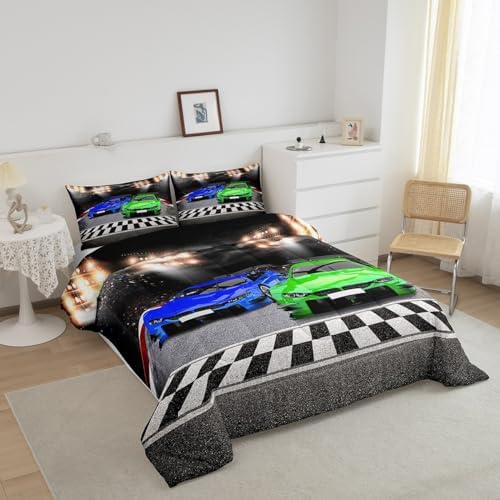 Feelyou Sports Car Comforter Full Size Decor Green Blue Race Car Comforter Set for Kids Boys Racing Car Bedding Set Extreme Sports Competitive Quilt Set Room Decorations