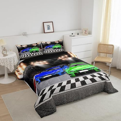 Feelyou Sports Car Comforter Full Size Decor Green Blue Race Car Comforter Set for Kids Boys Racing Car Bedding Set Extreme Sports Competitive Quilt Set Room Decorations