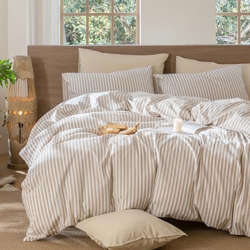 MooMee Striped Duvet Cover Set 100% Washed Cotton Linen Like Full