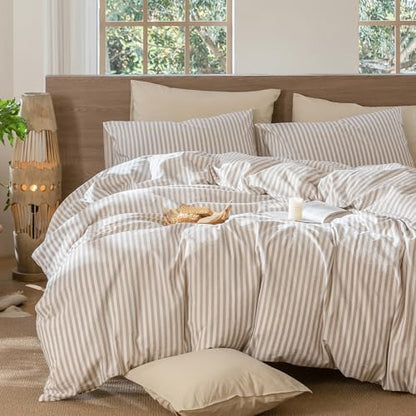 MooMee Striped Duvet Cover Set 100% Washed Cotton Linen Like Alaska King
