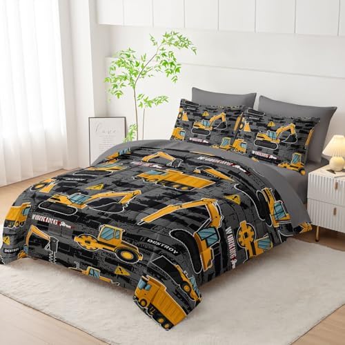 7Pcs Truck Comforter Set Engineering Vehicle Printed Bedding Set with 1 Comforter, 1 Flat Sheet, 1 Fitted Sheet and 4 Pillowcases for Boys and Girls Bedroom All Season(Queen)
