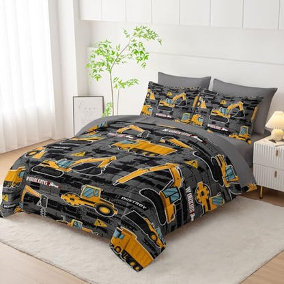 7Pcs Truck Comforter Set Engineering Vehicle Printed Bedding Set with 1 Comforter, 1 Flat Sheet, 1 Fitted Sheet and 4 Pillowcases for Boys and Girls Bedroom All Season(Queen)