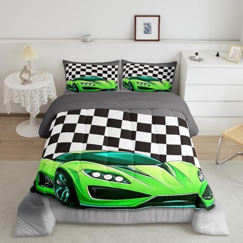 Erosebridal Kid Comforter Set King Size, Racing Car Bedding Set for Boys Girls Teen Kids Children Car Racing Gifts, Race Cars Quilt with 1 Comforter 2 Pillowcases,Green Grey Race Car Decor for Room