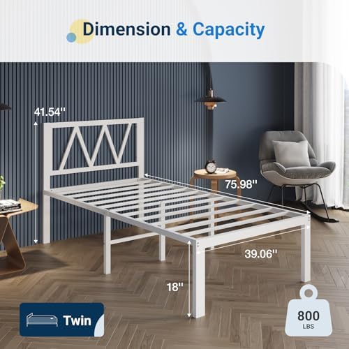 Avenco 18 Inch Twin Bed Frame with Headboard, White Metal Platform Bed Frame, Twin Size Bed Frame No Box Spring Needed, Easy Assembly, Heavy Duty Slats Support