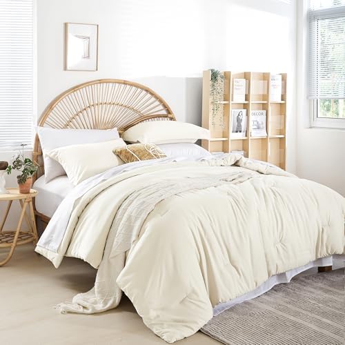 weigelia Queen Comforter Set with Sheets - Ivory 7 Piece Bed in a Bag Queen