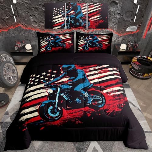 Feelyou Dirt Bike Comforter Set Queen Size Motorbike Bedding Set Ultra Soft Racing Motocross Rider Comforter for Kids Boys Girls Extreme Sports Duvet Quilt Bedroom Decor Racing Themed Quilt