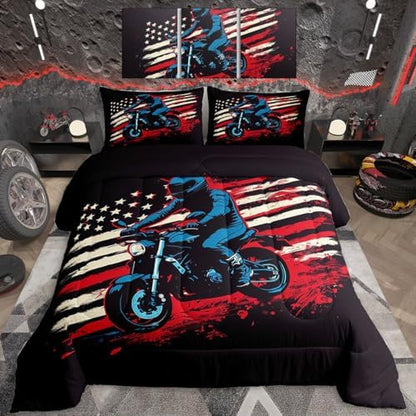 Feelyou Dirt Bike Comforter Set Queen Size Motorbike Bedding Set Ultra Soft Racing Motocross Rider Comforter for Kids Boys Girls Extreme Sports Duvet Quilt Bedroom Decor Racing Themed Quilt