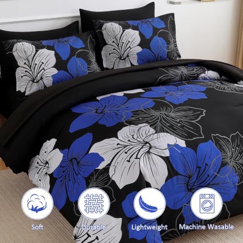 Blue King Size Comforter Set, 7 Pieces Floral on Black Bed in a Bag