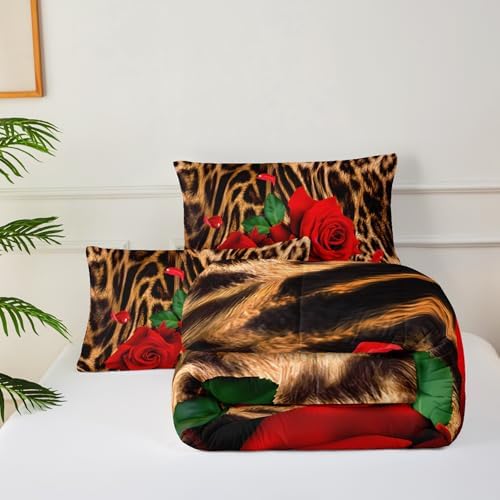 Red Rose and Leopard Print Comforter Set King (1 Comforter,2 Pillowcases),Rose Flower Cheetah Pattern Bedding Set for Boys Girls,Soft Microfiber Floral Quilt Set,Bedroom Decor,All Season