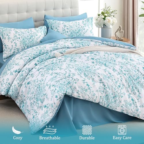 Queen Size Comforter Set 8 Pieces Aqua Floral Bed in a Bag Comforter Sets