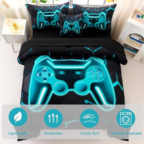 Gamer Queen Comforter Set with Sheets 6Pcs Teal Gaming Boys Bedding Set Lake Blue 3D Game Console Bed in A Bag Gamepad Print Honeycomb Bedding Collection for Bedroom (Teal, Queen)