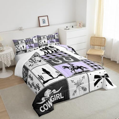 Western Cowgirl Bow Comforter Set King Size,Cactus Horseshoes Cowgirl Boot Bedding Set,Girls Women Room Decor,Cow Skull Geometric Plaids Patchwork Down Comforter,Rustic Duvet Insert,2 Pillowcases