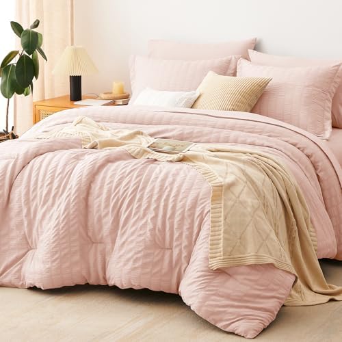 CozyLux Oversized King Comforter Set 120x98, 7-Piece Blush Pink Seersucker