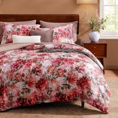 CASAAGUSTO King Comforter Set, 7 Piece Red Rose Floral Comforter Set with Flowers Leaves Pattern, Soft Seersucker Design All Season King Size Bedding Set