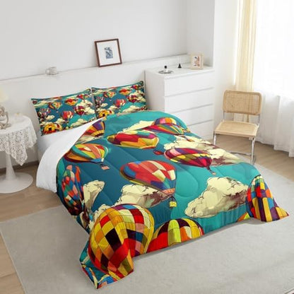 Erosebridal Hot Air Balloon King Comforter Set for Boys Girls Kids,Cute Rainbow Bedding Set Boho Room Decor,Blue Sky Cloud Comforter Set Breathable Cartoon Colorful Balloons Quilt Bed Set 3Pcs